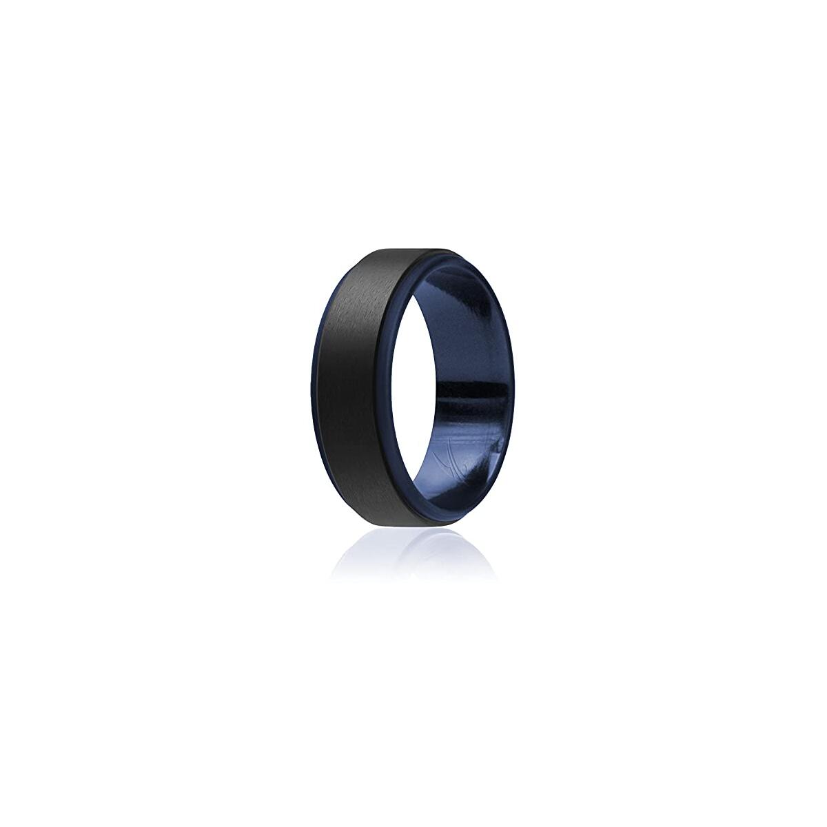 ROQ Silicone Rubber Wedding Ring for Men, Comfort Fit, Men's Wedding Band, Breathable Rubber Engagement Band, 8mm Wide 2mm Thick, Step Edge Duo, Single, Dark Blue & Black, Size 14