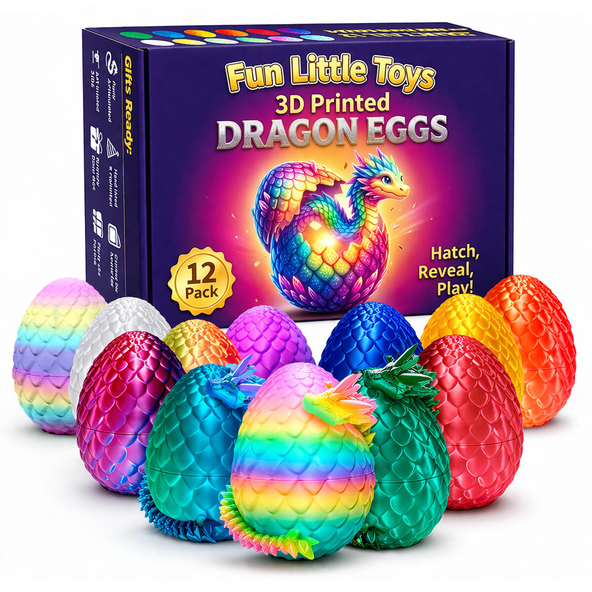12 Pack 3D Printed Dragon Toys, Flexible Articulated Fidget Dragons in Surprise Eggs, Collectible Desk Toys, Party Favors & Classroom Prizes for Kids