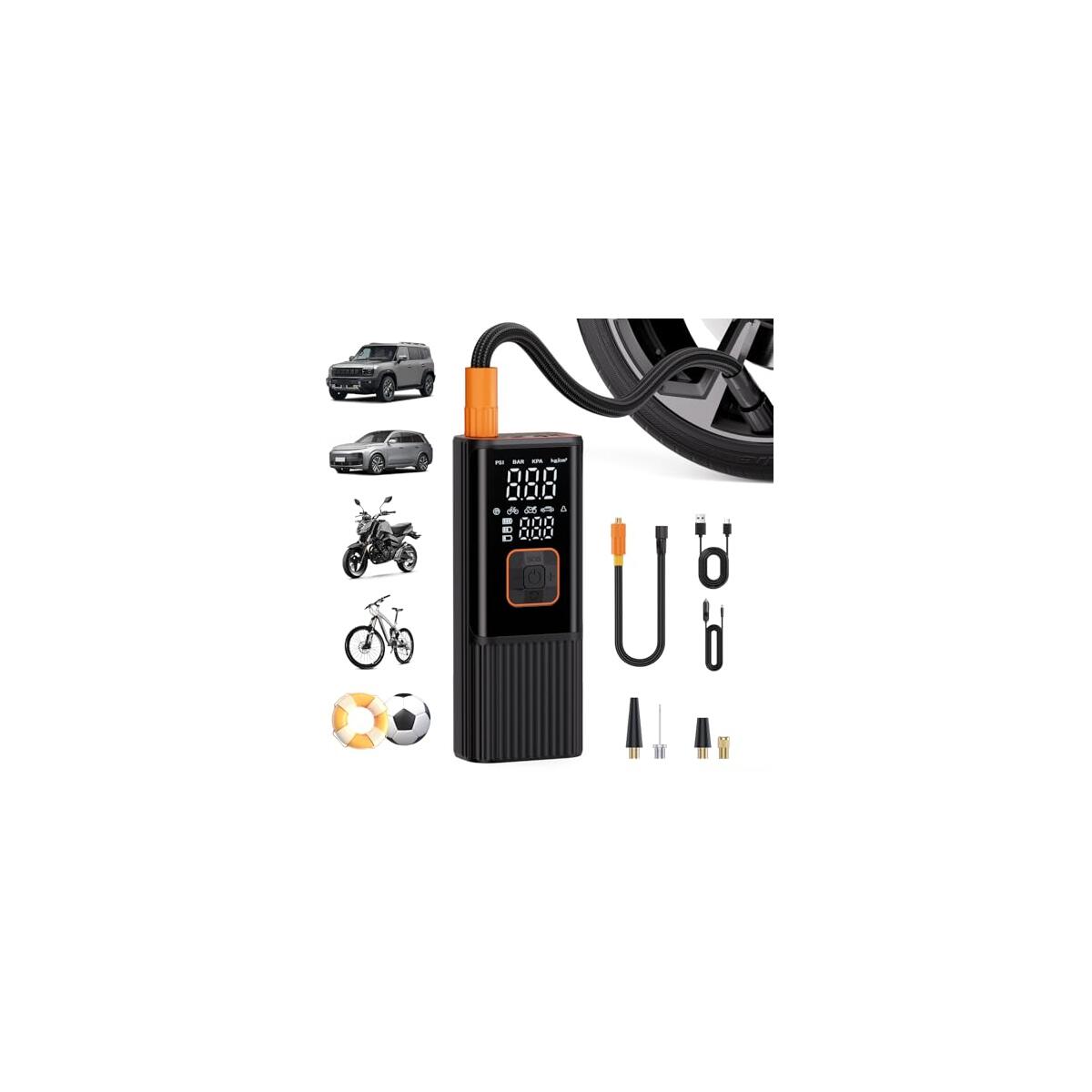 Tire Inflator Portable Air Compressor, 180 PSI Portable Air Compressor, 6X Faster Tire Inflator for Car, Air Pump for Car Tires, Motor, Bicycle, Balls and More-Dark Black