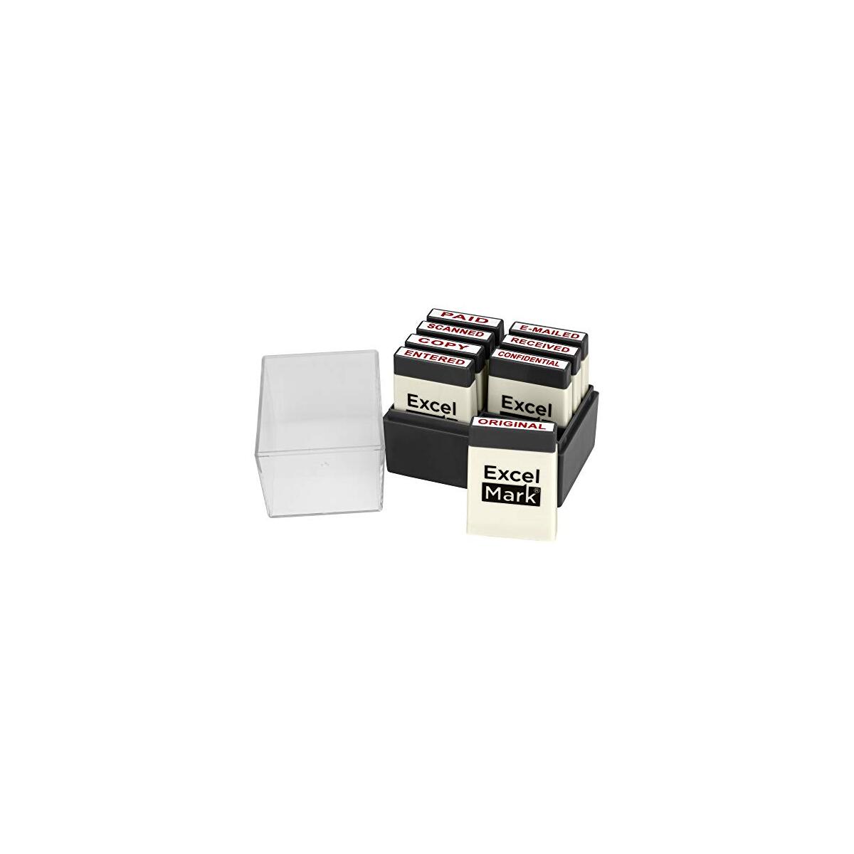 ExcelMark Mini Office Message Rubber Stamp Set - Red Ink - Storage Tray Included
