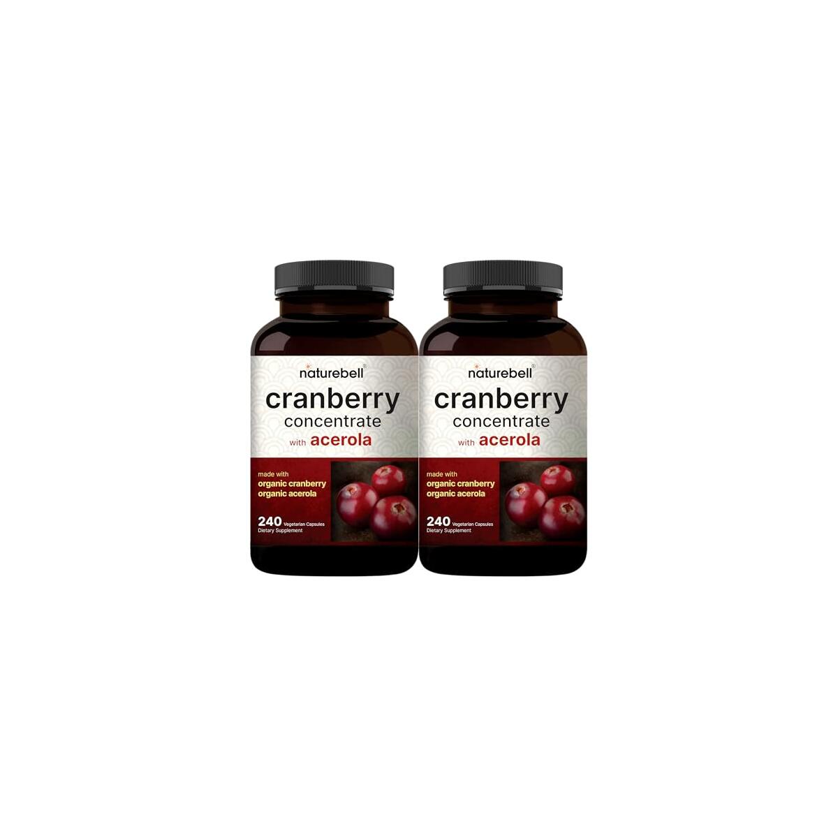 NatureBell 2 Pack Cranberry Pills 36,000mg with Acerola, 480 Total Veggie Capsules | 100:1 Fresh Cranberries Extract &ndash; Organic Ingredients &ndash; Supports Urinary Tract Health &ndash; Sugar Free