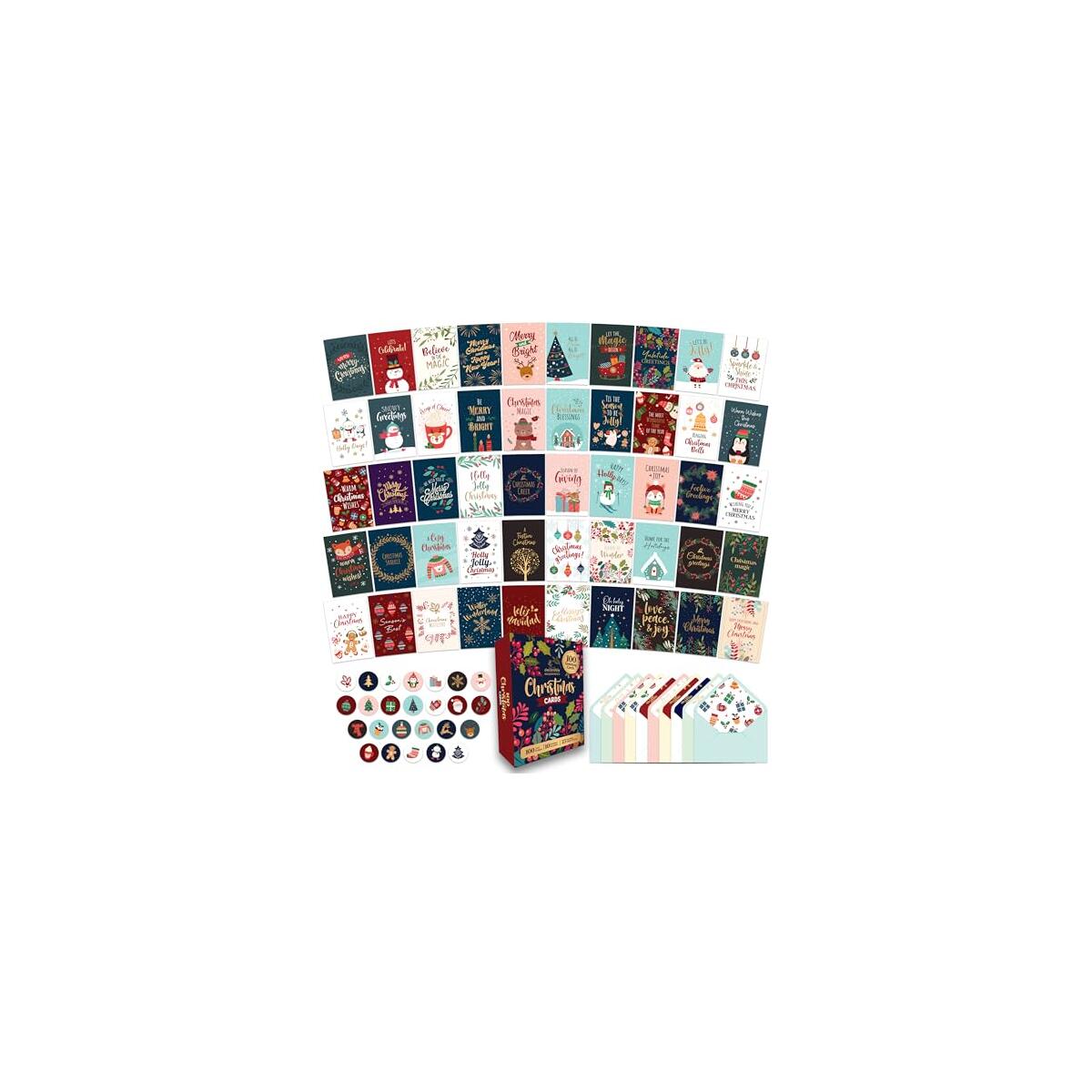 Decorably 100 Pack Foiled & Glittery Boxed 6x4in Assorted Christmas Cards with Envelopes and Stickers, 100 Unique Designs Bulk Christmas Cards Bulk, with Printed Message Inside