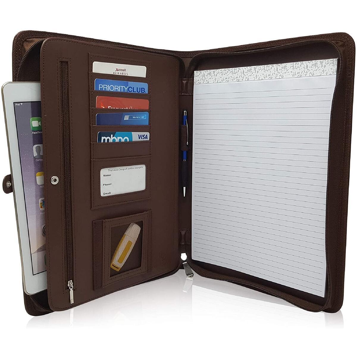 Zippered Leather Business Portfolio Padfolio Professional Dark Brown Pu