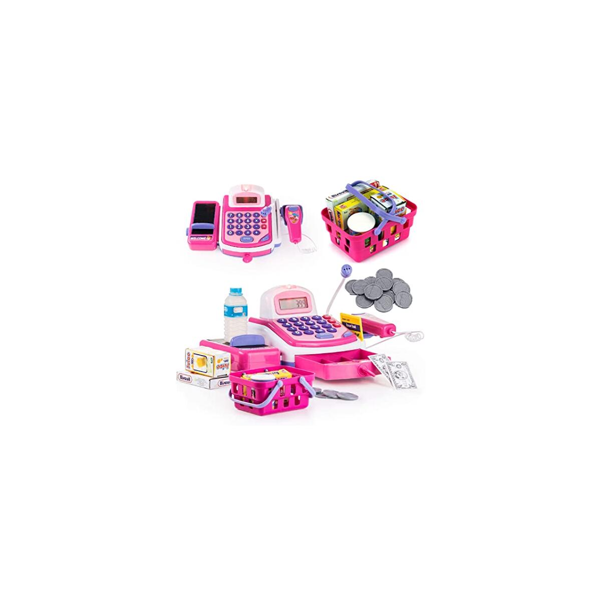 Prextex Grocery Store Pretend Play Electronic Toy Cash Register Set - STEM Cash Register for Kids with Microphone, Play Money, and Food Basket - Kids Checkout Toys with Scanner- Pink