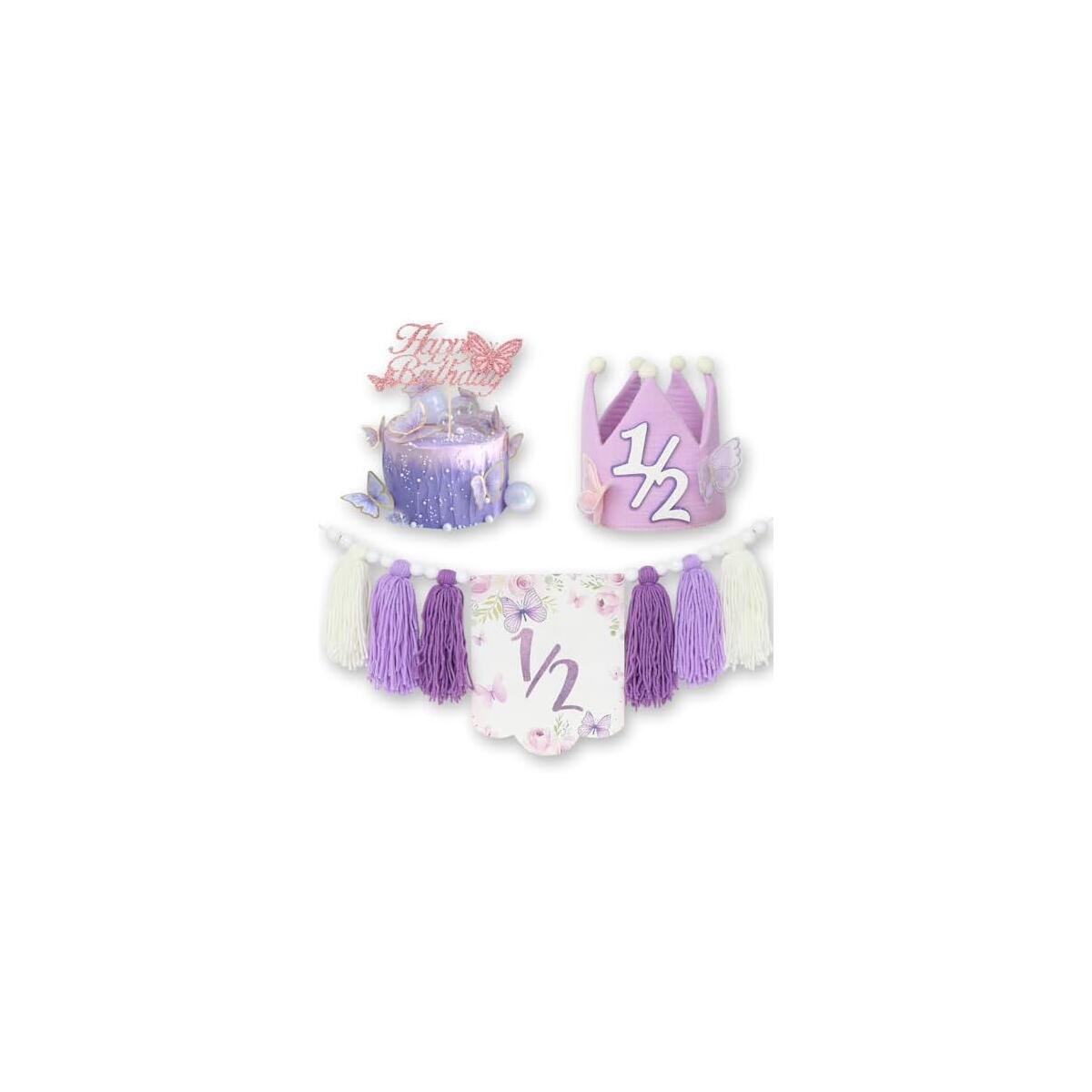 Purple Handmade Half Birthday Decorations, 6 Month Party Set with High Chair Banner, Hat & Cake Topper, Half Way to One Baby Girl Decorations Party for 1/2 Birthday Girl Photoshoot Props