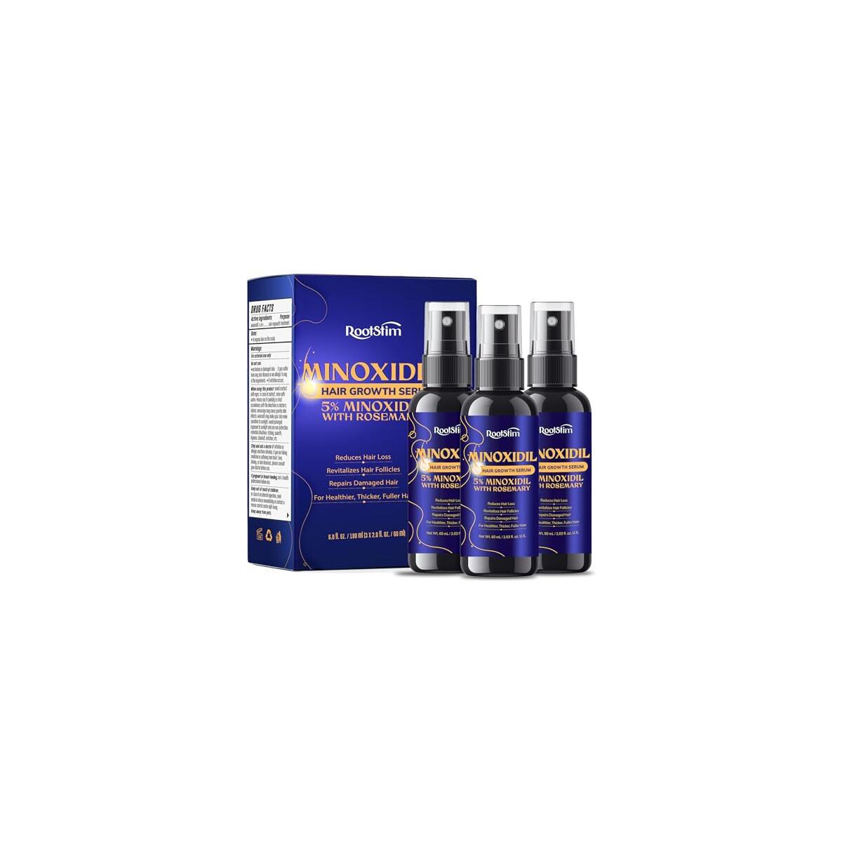5% Minoxidil Hair Growth for Men and Women: 3-Pack RootStim Extra Strength Minoxidil with Rosemary for Thinning Hair Regrowth and Fuller Hair 180 ML