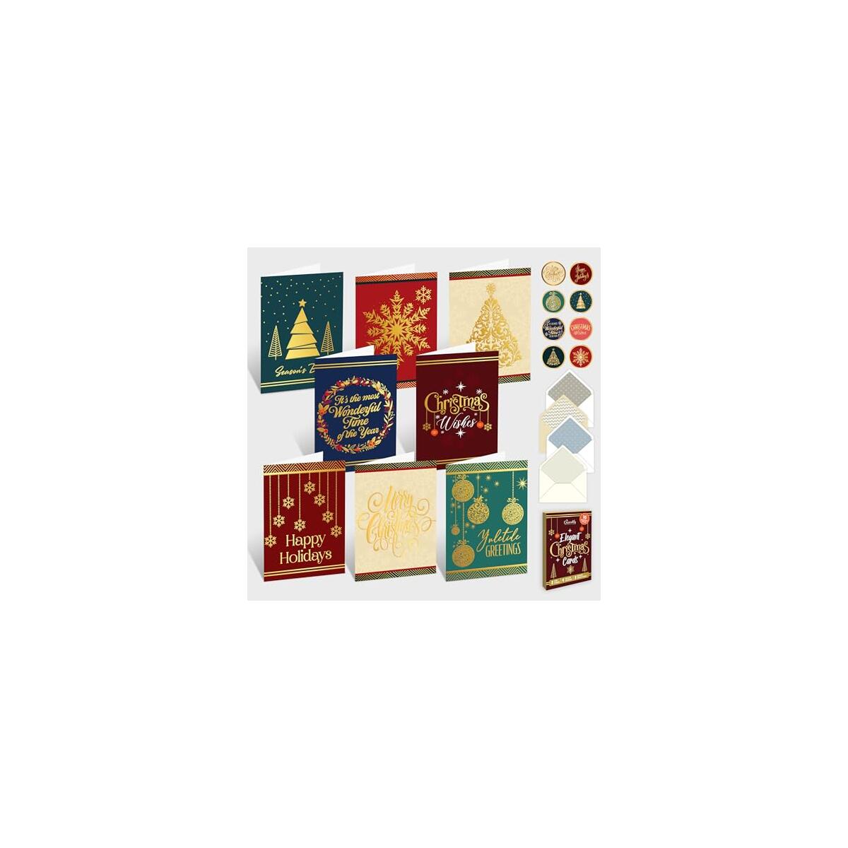 Decorably 16 Pack Gold Foil Embossed 5x7in Merry Christmas Cards with Envelopes and Stickers, 8 Elegant Designs Assorted Box of Christmas Cards with Envelopes, with Printed Message Inside
