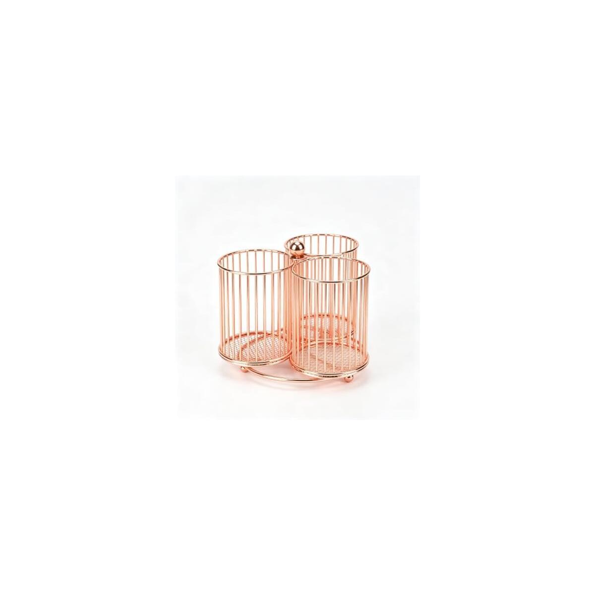 Rose Gold 3-Compartment Rotating Metal Wire Desk Organizer | 360&deg; Rotating Base, Non-Slip Stable Base, Hollow-Out Design, Makeup Brush Storage, 6.3x5.9x5.4 in Size
