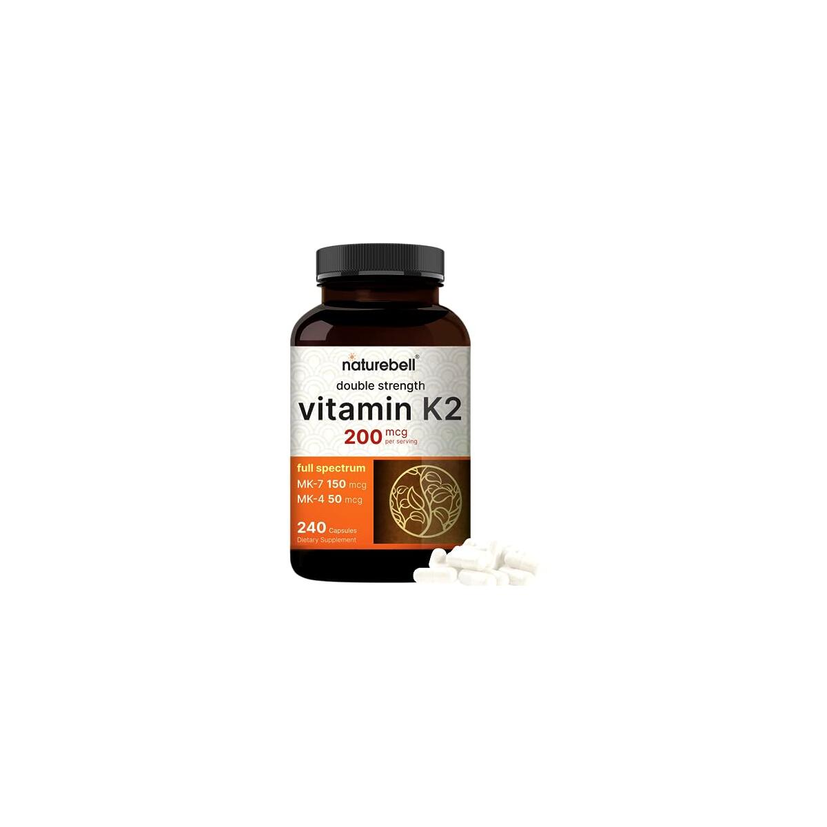 NatureBell Full Spectrum Vitamin K2 Supplement with MK-7 & MK-4, 200 mcg, 240 Capsules | 2 in 1 Formula, K Vitamins Complex &ndash; Supports Bone, Joint, and Heart Health &ndash; Non-GMO