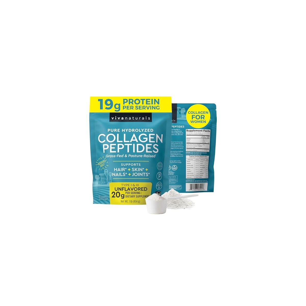 Viva Naturals Hydrolyzed Collagen Peptides Powder, 1 lb &ndash; Grass-Fed & Pasture-Raised Bovine Collagen, Type I & III, Unflavored Powder for Hair, Skin & Nails