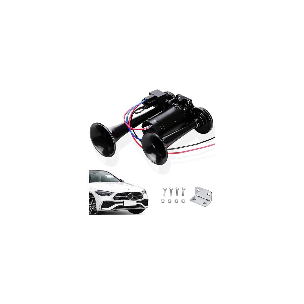 Air Horn 12v 600 DB, 12v Air Horn with Compressor, Double Tube Train Horn, Dual Trumpets, Super Loud Car Horn for Truck, Train, Car, Van, Black