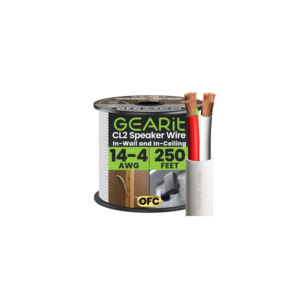 GEARit 14/4 Speaker Wire (250 Feet) 14AWG Gauge - Fire Safety in Wall Rated Audio Speaker Wire Cable / CL2 Rated / 4 Conductors - OFC Oxygen-Free Copper, White 250ft