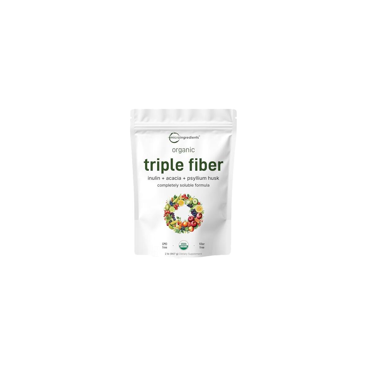 Micro Ingredients Organic Triple Fiber Powder, 2lb | Natural Prebiotic to Support Digestive & Gut Health | Soluble, Easily Digestible | Unflavored, Vegan