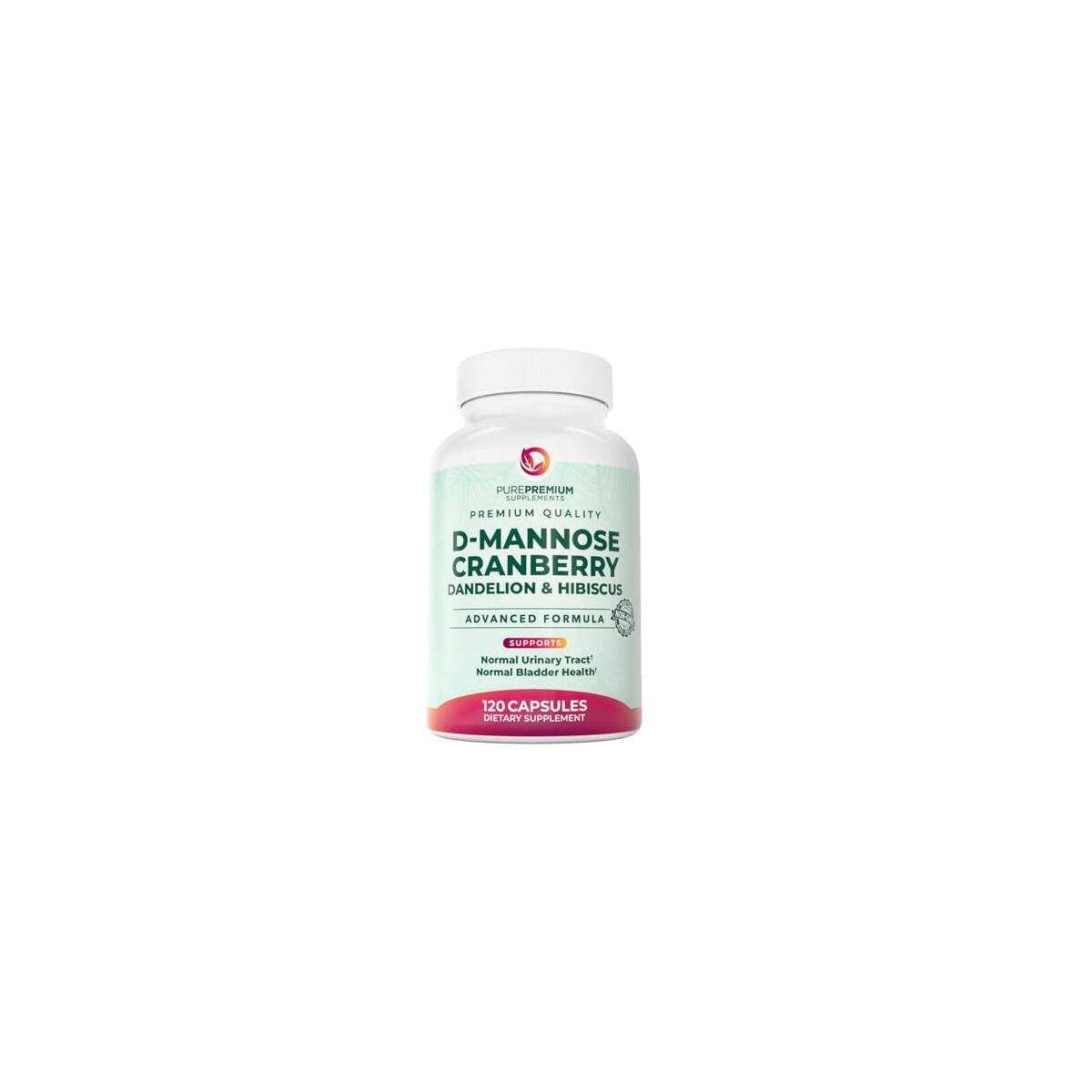 PurePremium D-Mannose with Cranberry, Hibiscus & Dandelion - 1000mg D-Mannose Supplements for Women Supports Urinary Tract Health & Bladder Health - Made in USA, Vegan, 120 Capsules, 2 Month Supply