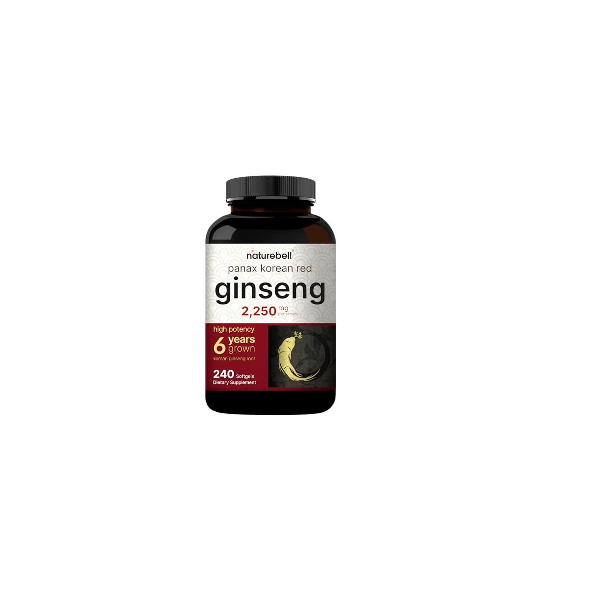 NatureBell Korean Red Ginseng 2,250mg Per Serving, 240 Softgels | Panax Ginseng Root, Standardized to 10% Ginsenosides, Non-GMO, Support Energy, Male Performance, & Immune System
