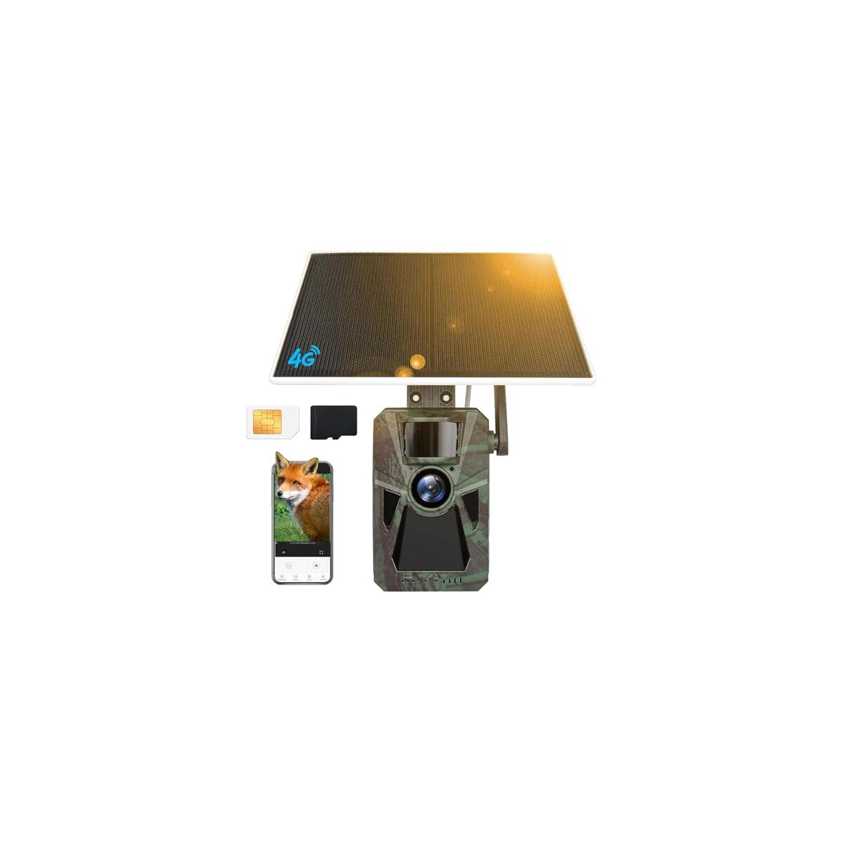 Solar 4G Cellular Trail Camera &ndash;4K 48MP, Built-in 7500mAh Battery, Auto Nationwide Connection, Night Vision, Hunting Game Cam for Wildlife, Security & Surveillance