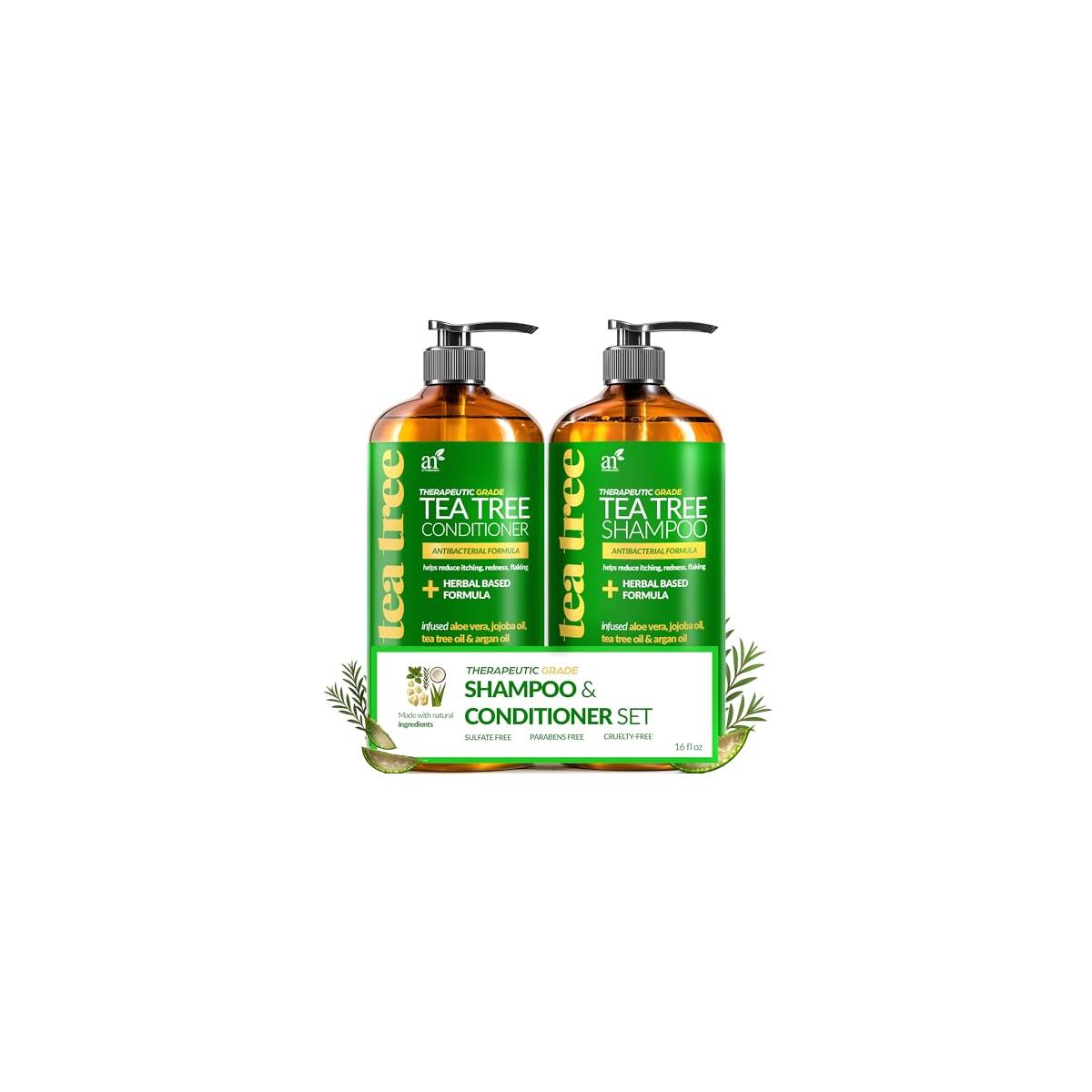 artnaturals Tea Tree Shampoo and Conditioner Set - (2 x 16 Fl Oz / 473ml) – Sulfate Free – Therapeutic Grade Tea Tree Essential Oil - Deep Cleansing for Dandruff, Lice, Dry Scalp and Itchy Hair