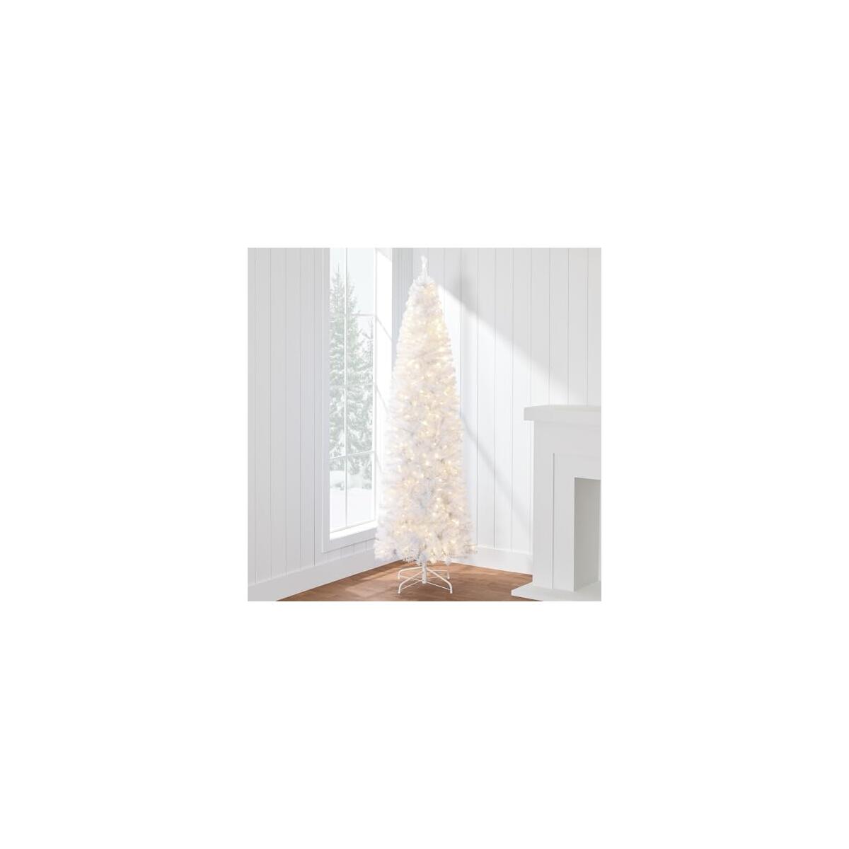 Best Choice Products Pre-Lit White Pencil Christmas Tree, 9ft Slim Lighted Artificial Décor w/Incandescent White Lights, Skinny Tree, Metal Base