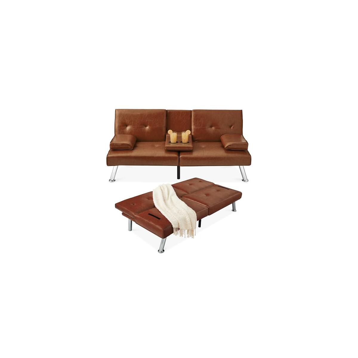 Best Choice Products Faux Leather Upholstered Modern Convertible Futon, Adjustable Folding Sofa Bed, Guest Bed w/Removable Armrests - Medium Brown