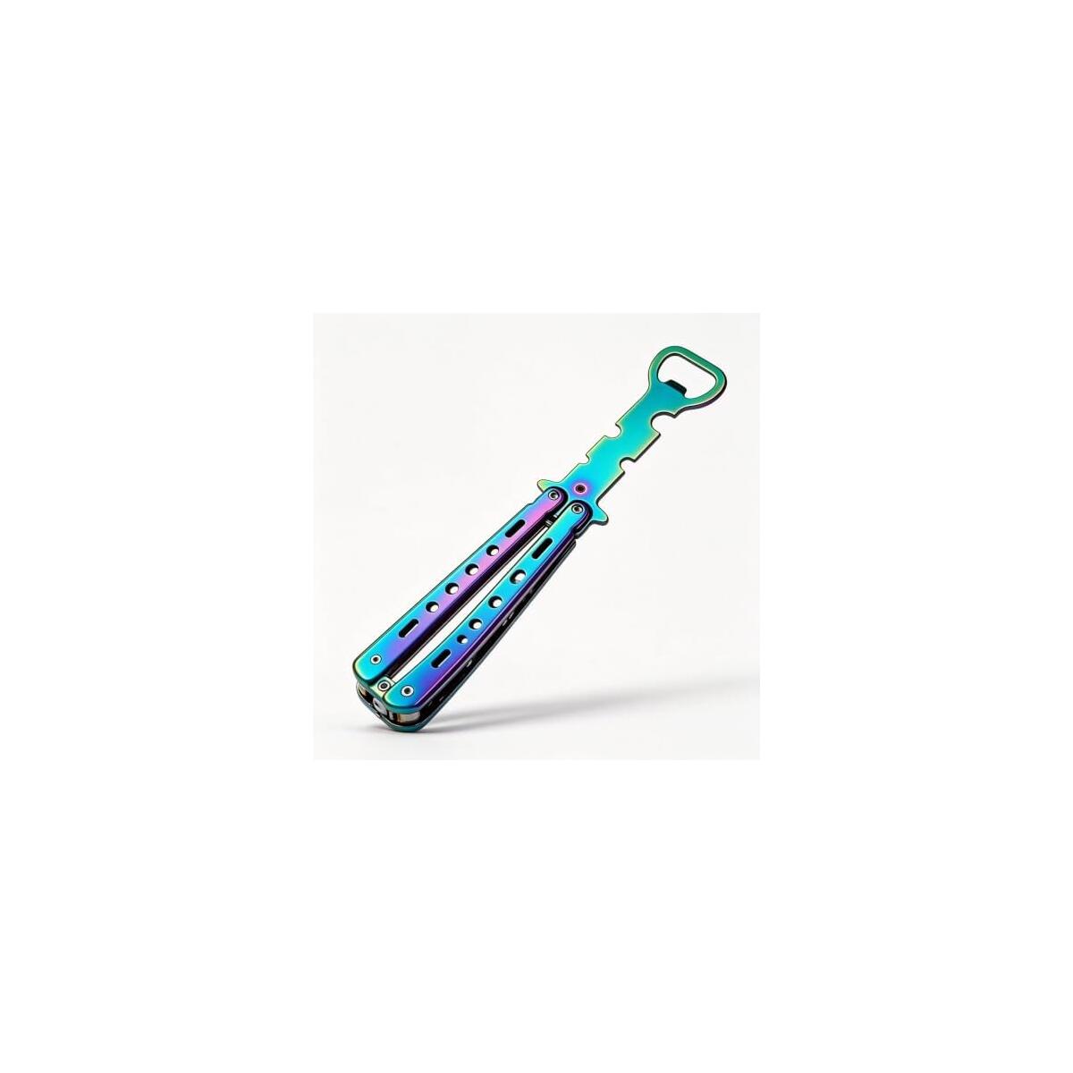 2-in-1 Butterfly Knife Trainer with Bottle Opener, Rainbow | Blunt Unsharpened Blade, Full Metal Body, Foldable & Portable, Smooth Pivot Hinge, EDC Fidget Tool