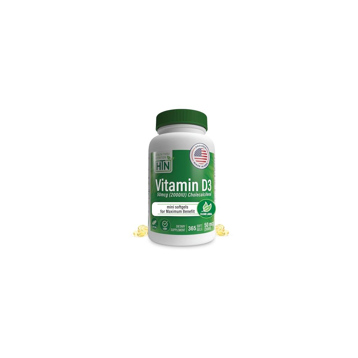 Health Thru Nutrition Vitamin D3 2000iu 365 Mini Softgels for Maximum Benefits | Year Supply | 50mcg Cholecalciferol | 3rd Party Tested | Non-GMO USP Grade in EVOO | Immune Health Support
