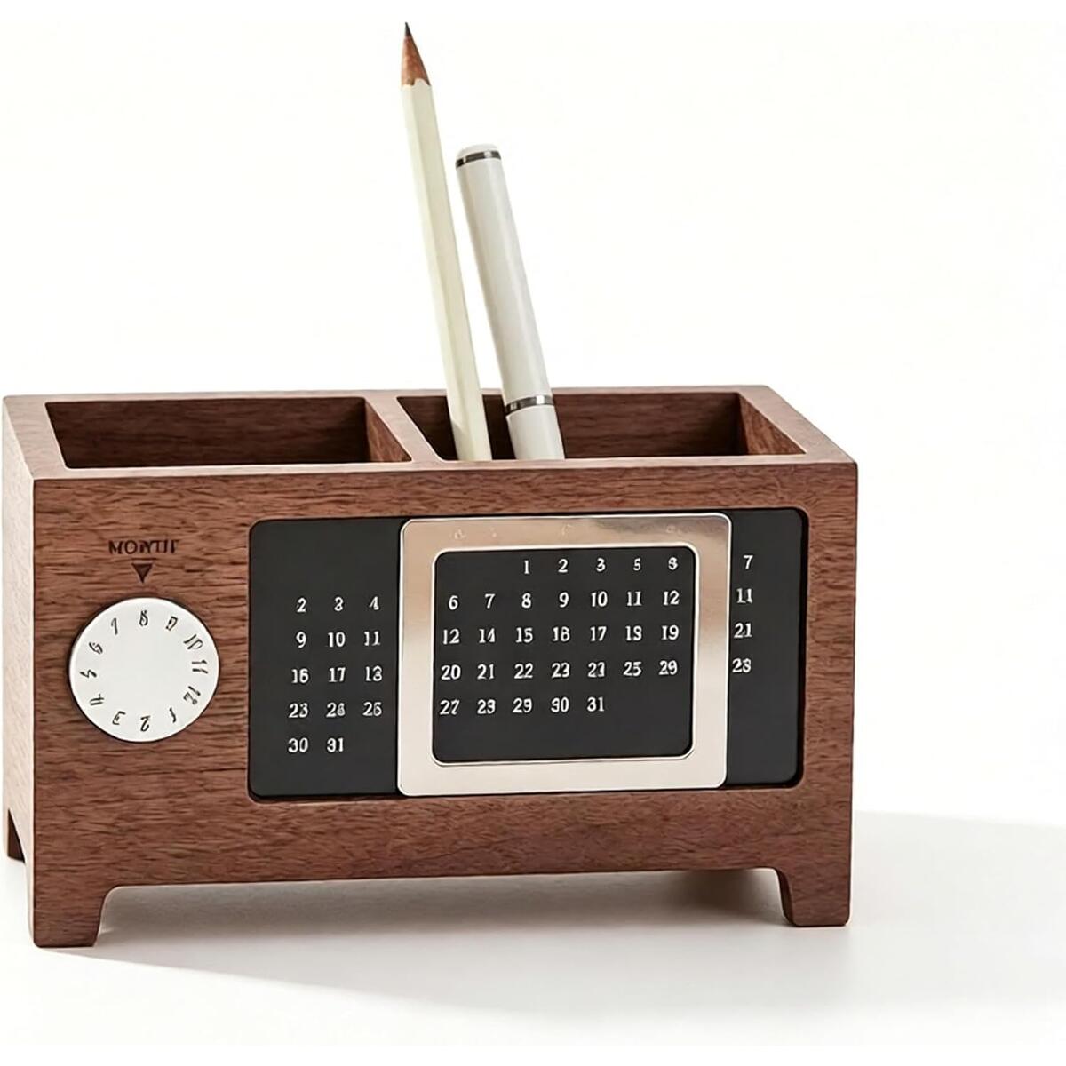 Wooden Desk Organizer Pen Holder with Perpetual Calendar