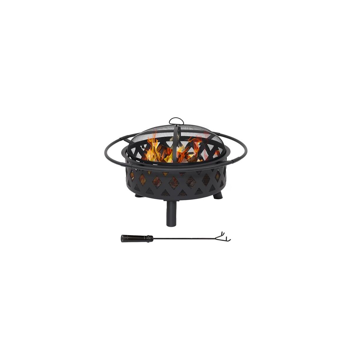 Sunnydaze Crossweave Outdoor Fire Pit - Wood-Burning Fire Pit for Outside with Spark Screen, Poker and Round Cover - 30-Inch - Black