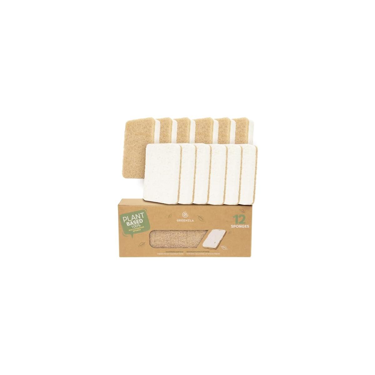 Greenzla Kitchen Sponges, Plant-Based Dish Sponges, Non-Scratch Sisal Hemp Scouring Pads for Dishes, Countertops, Bathtubs, and Tiles, 12 Pack