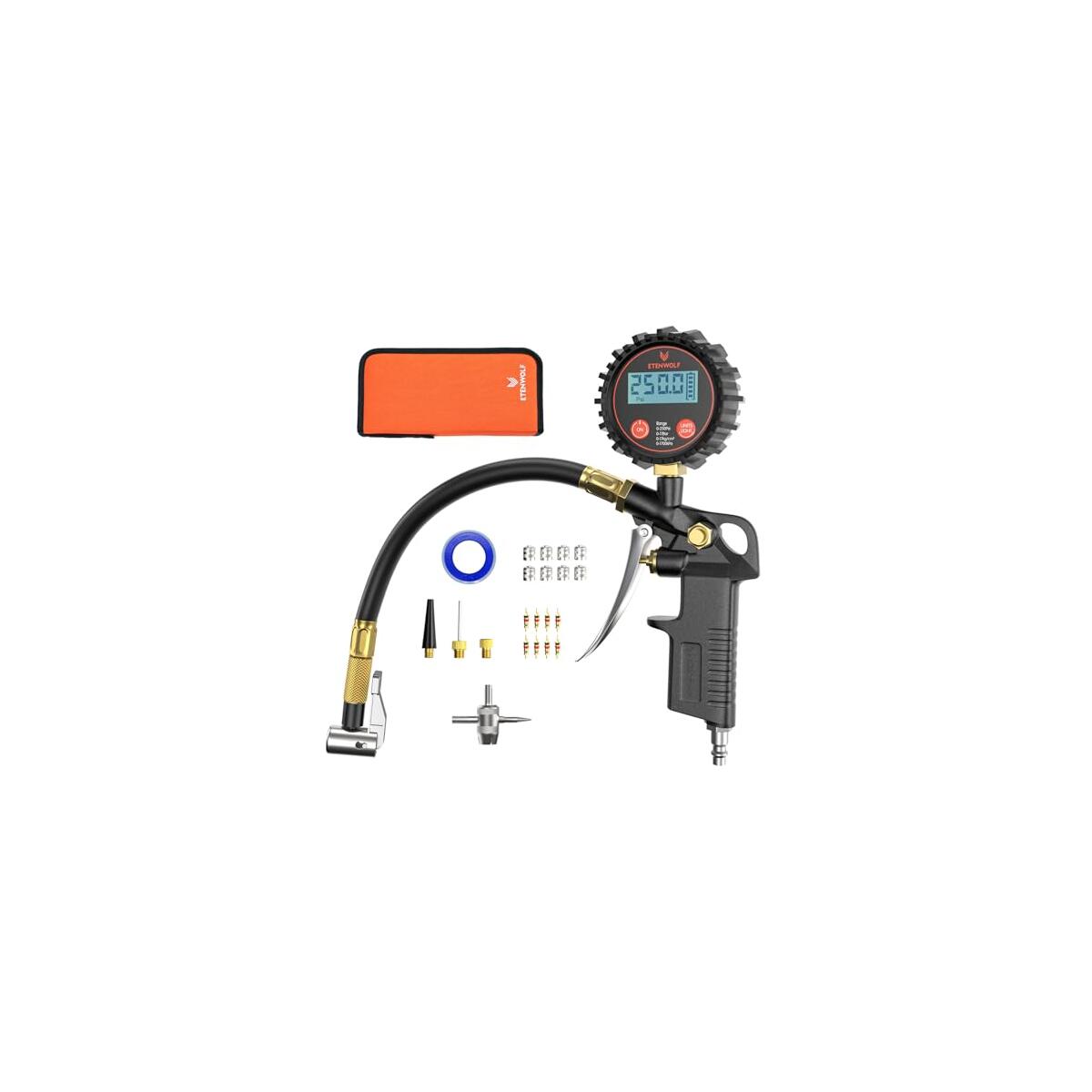 ETENWOLF T500 Digital Tire Pressure Gauge with Inflator, Tire Gauge 0-250 PSI, Calibrated to ANSI B40.7 Grade 2A, Air Chuck & Compressor Accessories with Storage Bag, Black