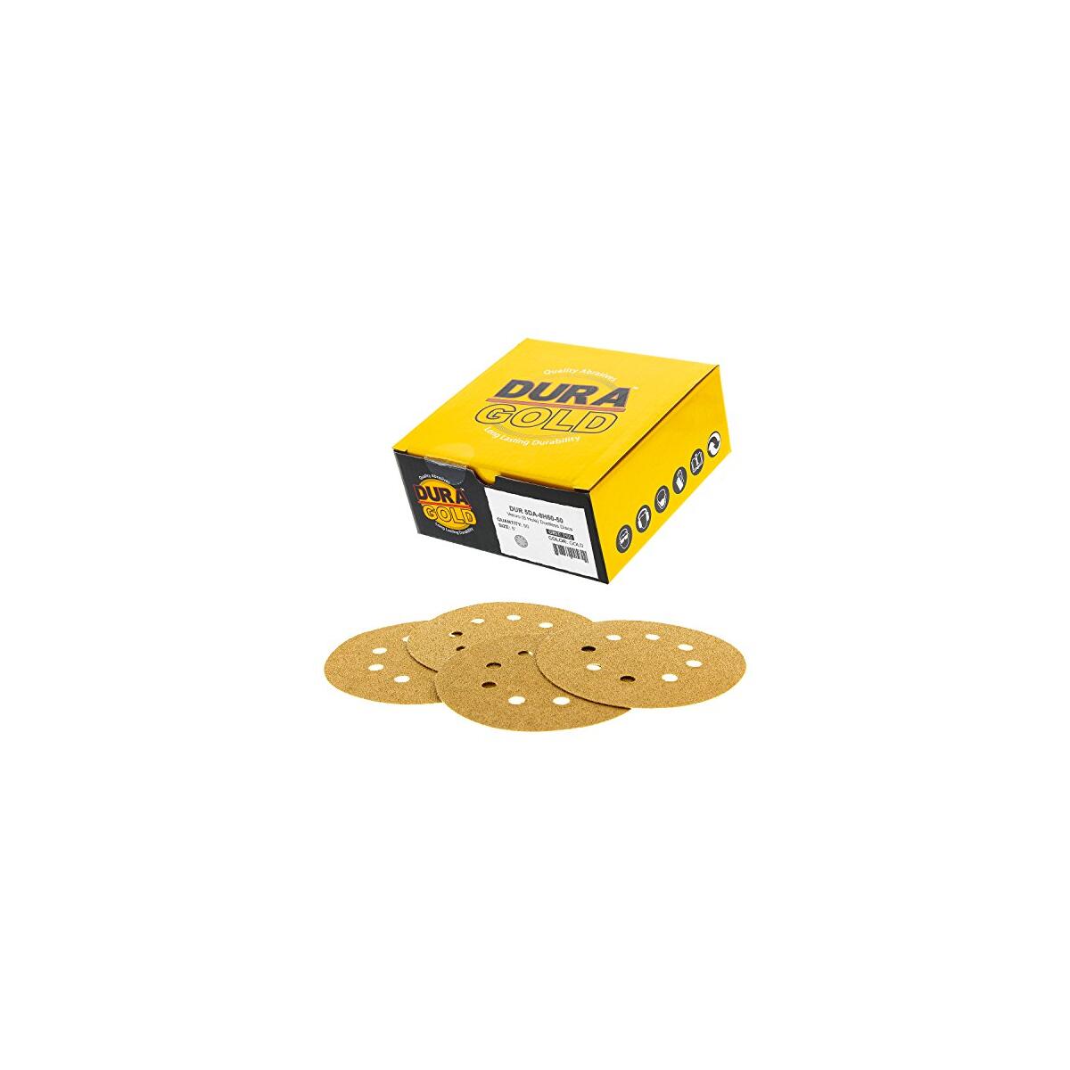 Dura-Gold Premium 60 Grit 5" Sandpaper Discs, 8 Hole Pattern Dustless, 50 Discs - Hook & Loop Backing for Orbital DA Sander, Detailing Finishing Color Sanding Automotive Paint Woodworking