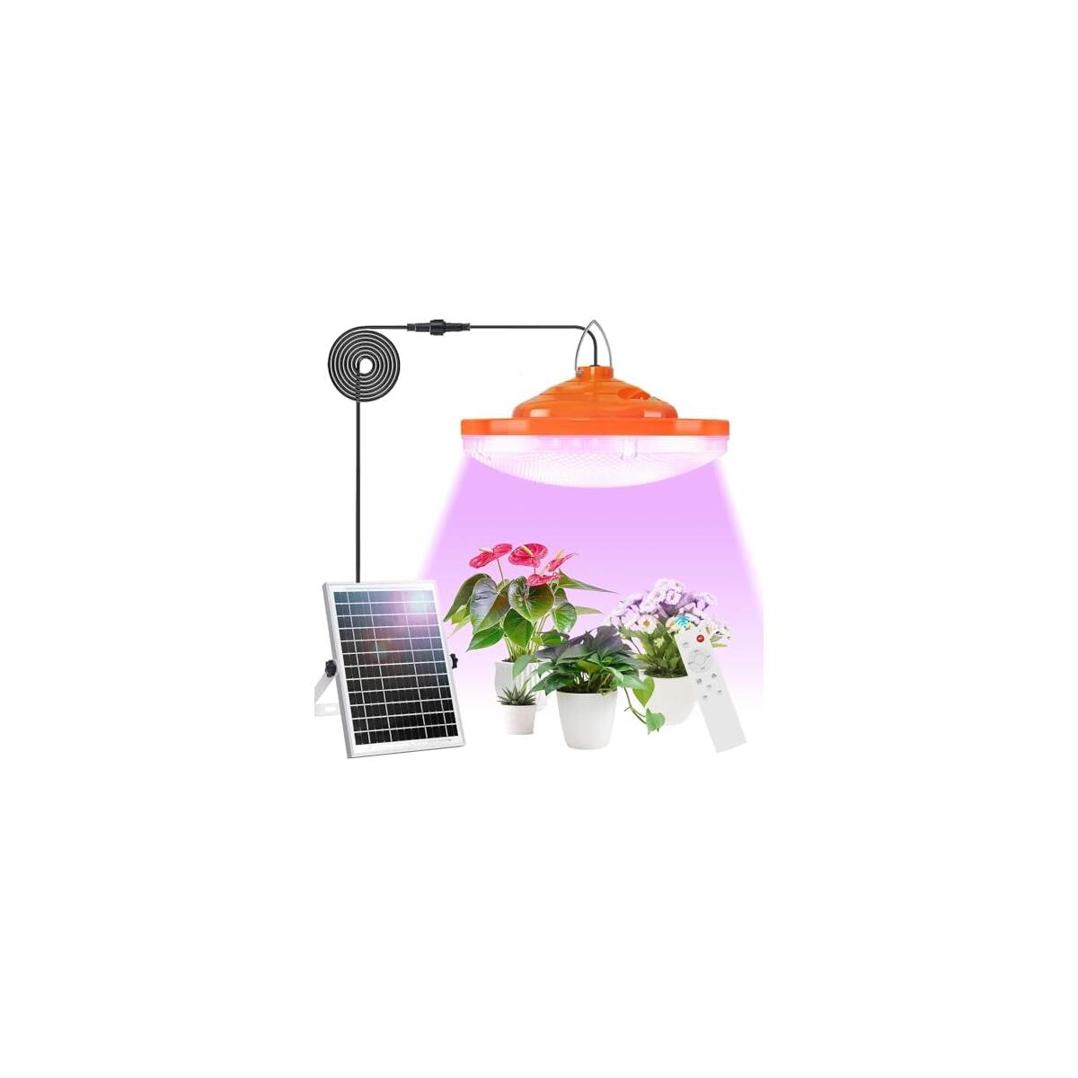 8" Solar Grow Light for Indoor Outdoor,Full Spectrum with 96 LEDs, Timer (3/5/8H), 3 Spectrum Modes with a Remote,Includes 16.4FT Connection Cable