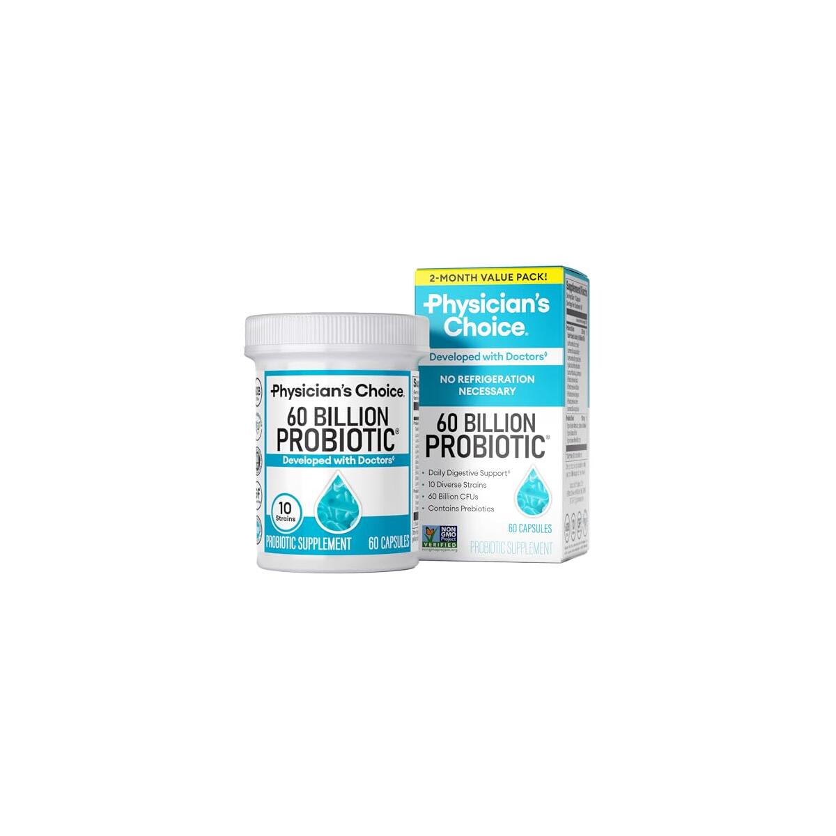 Physician's CHOICE Probiotics 60 Billion CFU - 10 Strains + Organic Prebiotics - Immune, Digestive & Gut Health - Supports Occasional Constipation, Diarrhea, Gas & Bloating - for Women & Men - 60ct