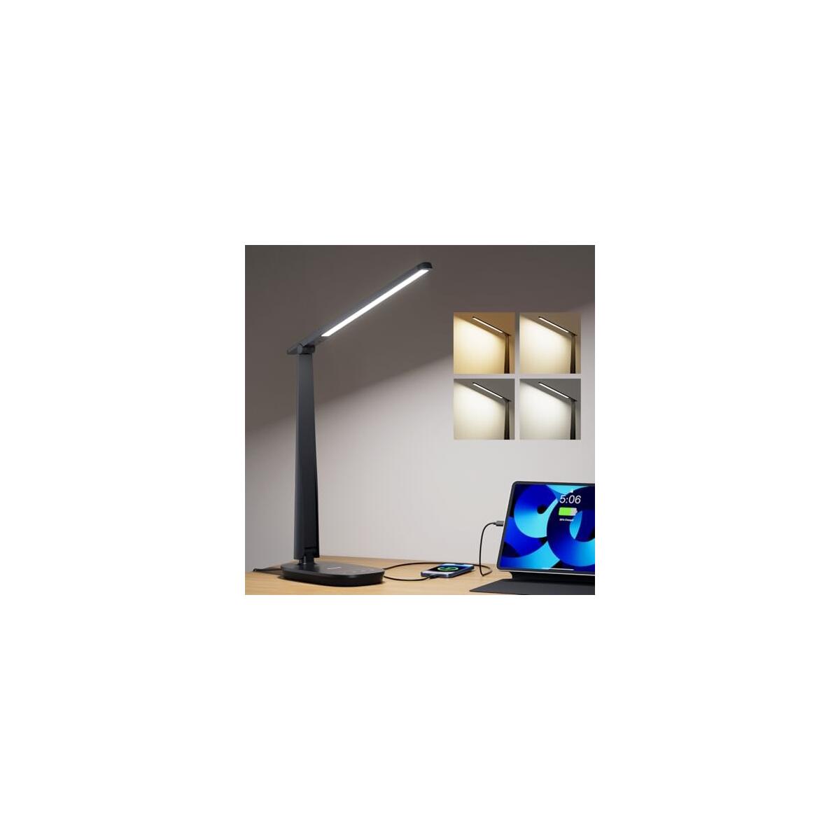 Honeywell LED Desk Lamp for Home Office, Eye-Caring Light with 4 Color Modes & Touch Control, USB A+C Charging Ports, Adjustable Rotating Head with Timer for Reading, Bedroom & Small Desks