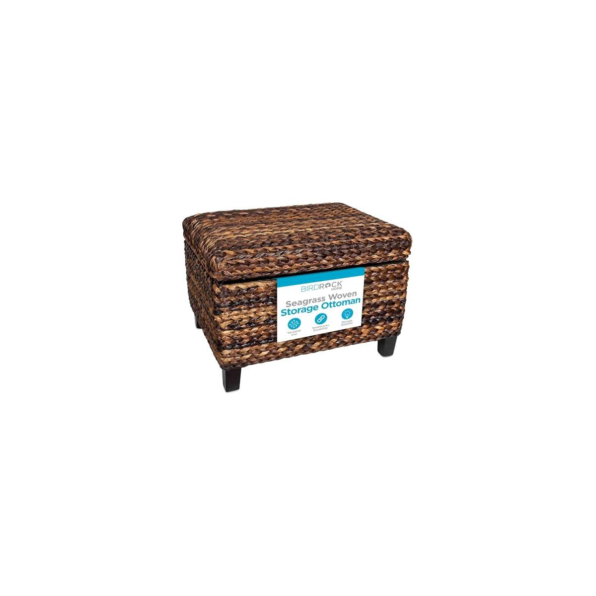 BIRDROCK HOME Woven Seagrass Storage Ottoman with Safety Hinges - Easy-to-Open Lid, Sturdy Construction - Natural Brown Finish - Large Storage Space Ideal for Living Room, Bedroom, Dorm - 22x18x16