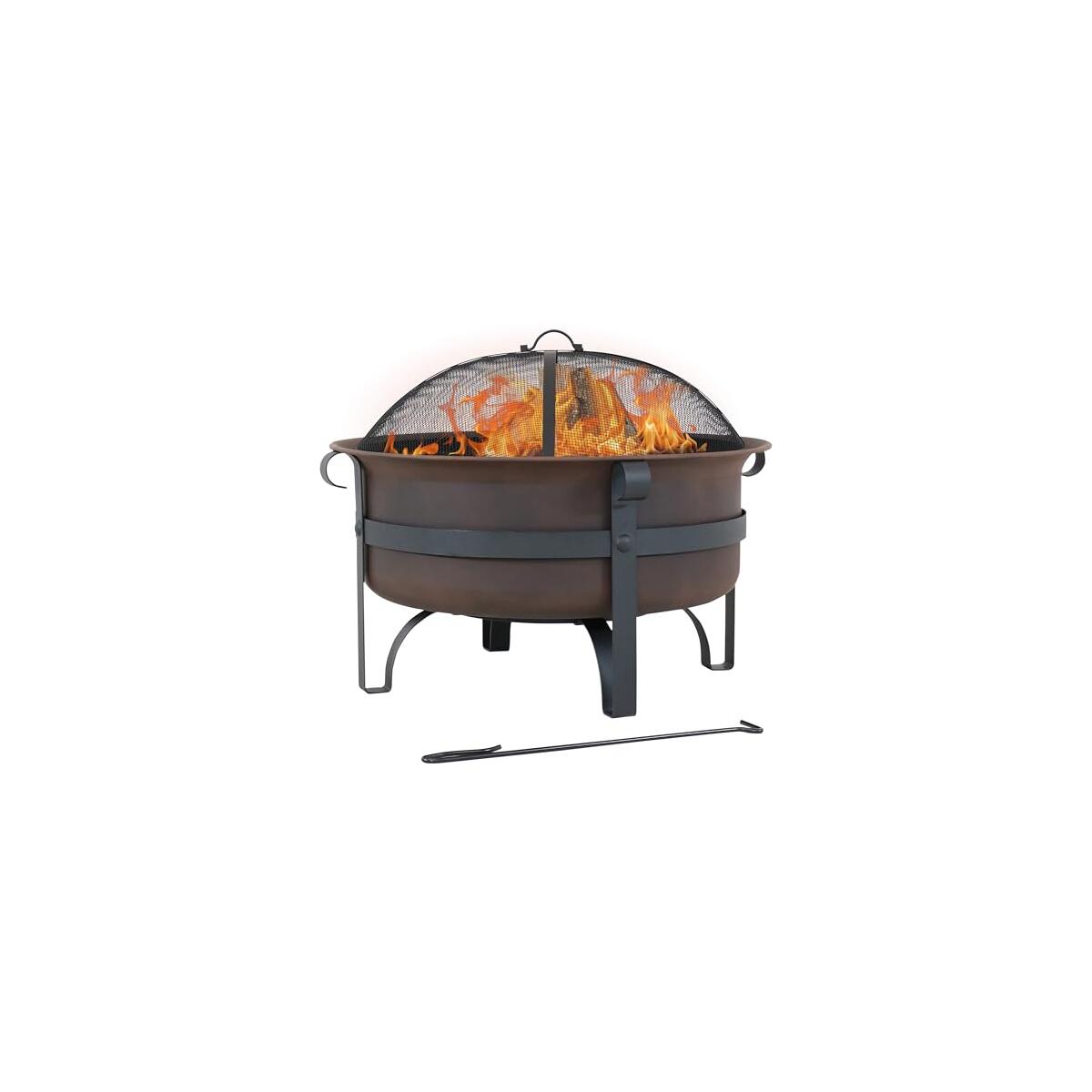 Sunnydaze 29-Inch Wood-Burning Outdoor Fire Pit - Bronze Cauldron Wood Fire Pit for Outside - Includes Poker and Spark Screen