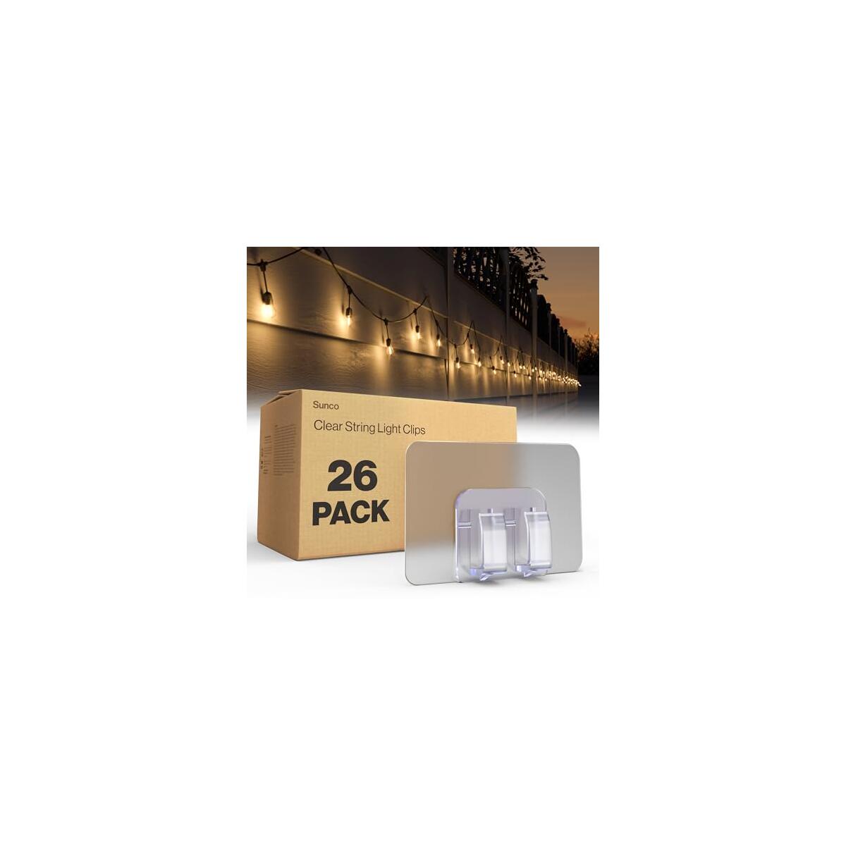 Sunco Wet Rated Adhesive String Light Clips Clear Heavy Duty Hooks, Outdoor & Indoor Christmas Light Clips & Hangers for Patio, Roof & Holiday Decorations 26 Pack.