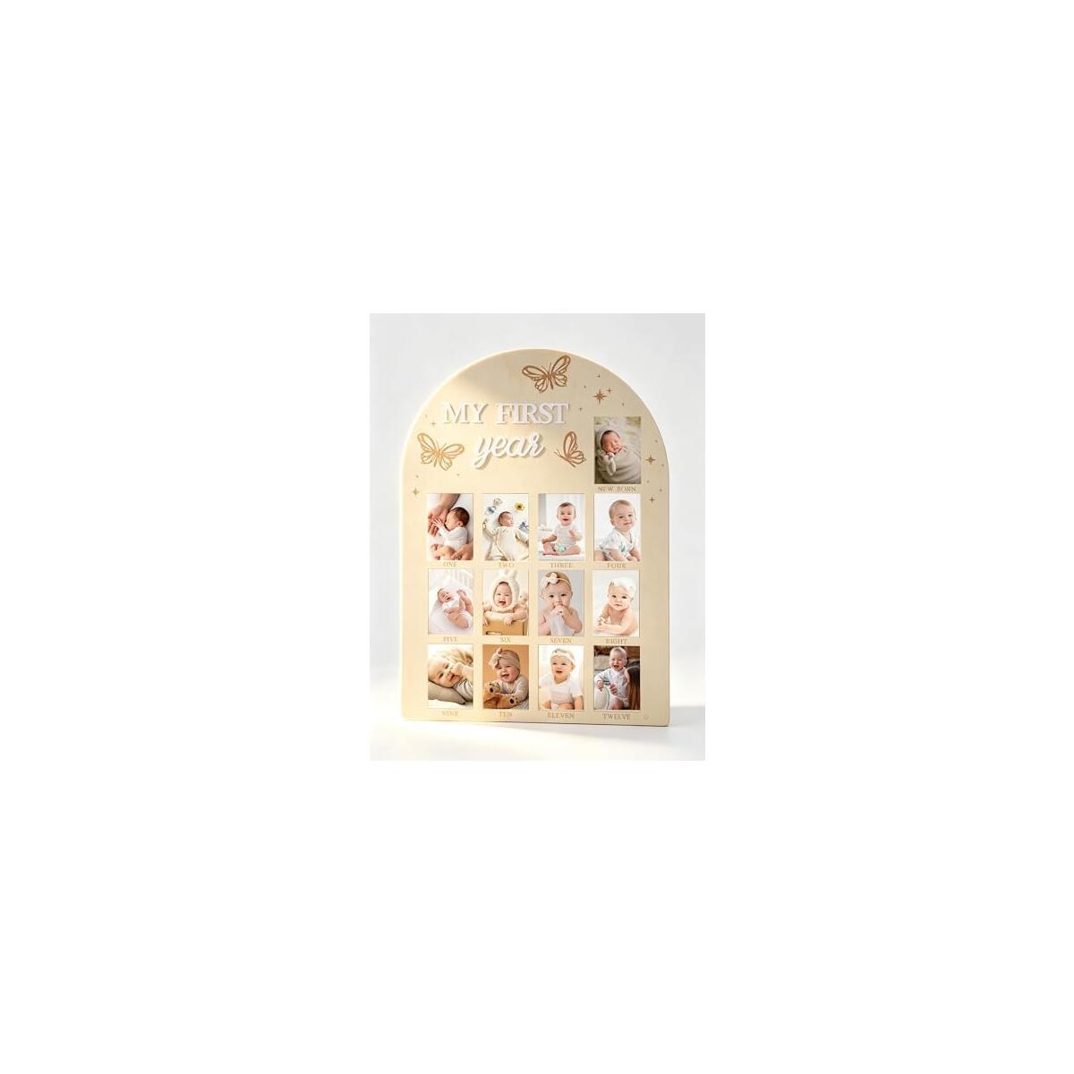 My First Year Photo Frame, Wooden Milestone Keepsake with Pre-marked 12 Monthly Infant Development Picture Slots, Wall Mountable Photo Board for Baby 1st Birthday Celebration, Lovely Shower Gift