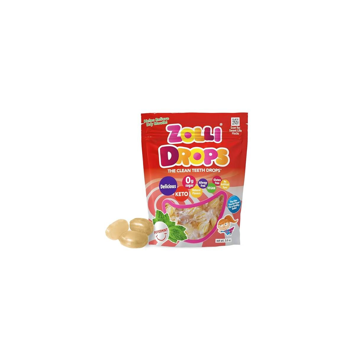Zolli Drops Sugar Free Candy with Xylitol, Dye-Free Lollipops - Keto & Diabetic-Friendly, Dentist-Approved Treats for Kids(Peppermint, 3 oz)