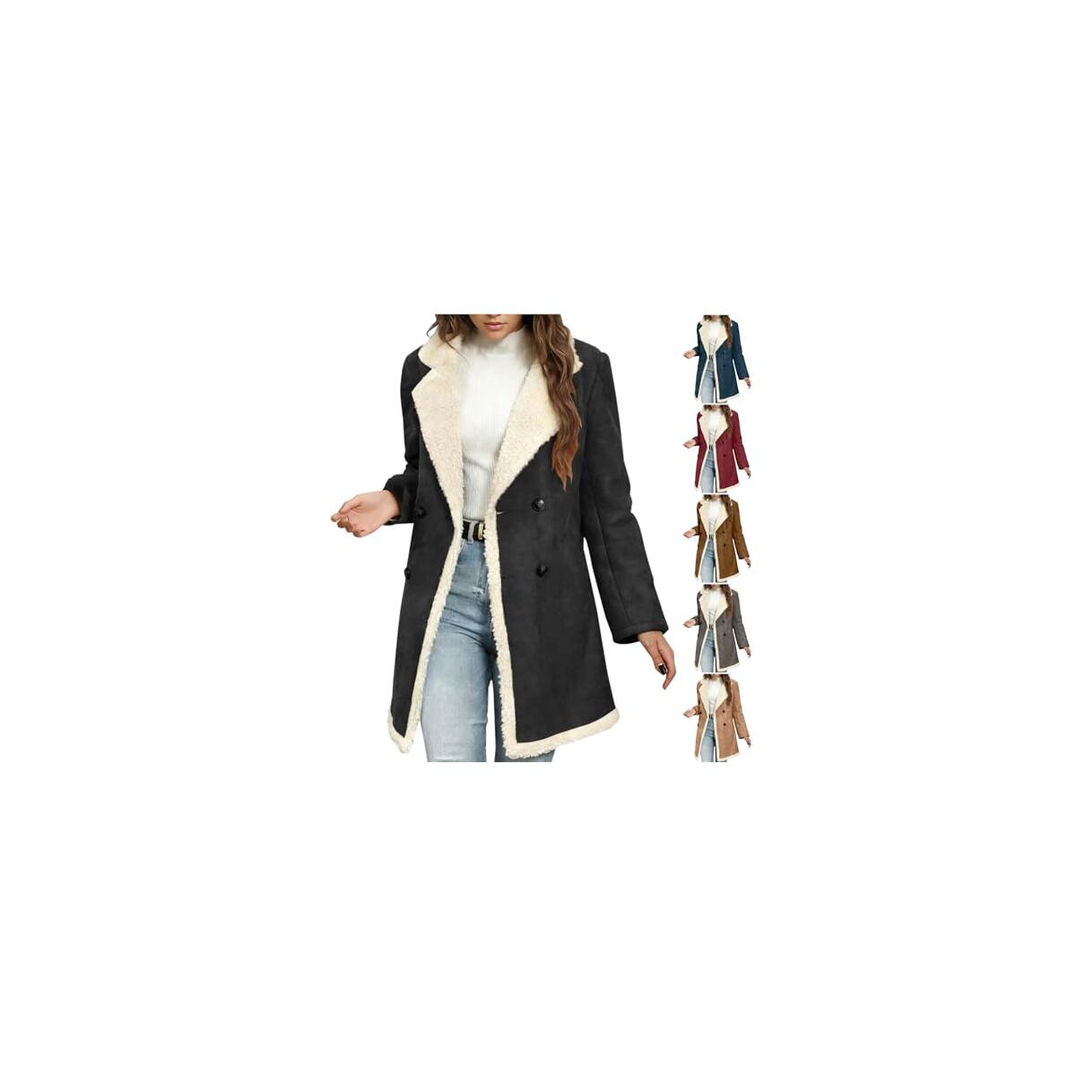 Fleece Jacket Women Suede Faux Sherpa Lined Coats Double Breasted Long Peacoat Winter Warm Thick Overcoat