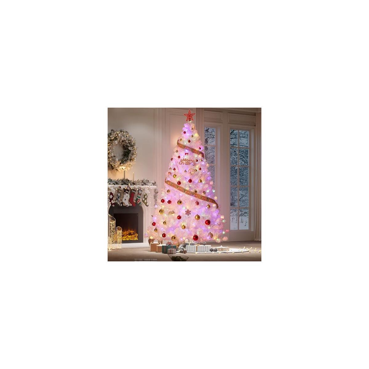 GarveeHome 9 ft Prelit Artificial Christmas Tree with 800 Warm White Lights, Pre-Lit Snow Flocked Pencil Christmas Tree, Foldable Base,Holiday Decoration for Home, Office, Party,Laser White