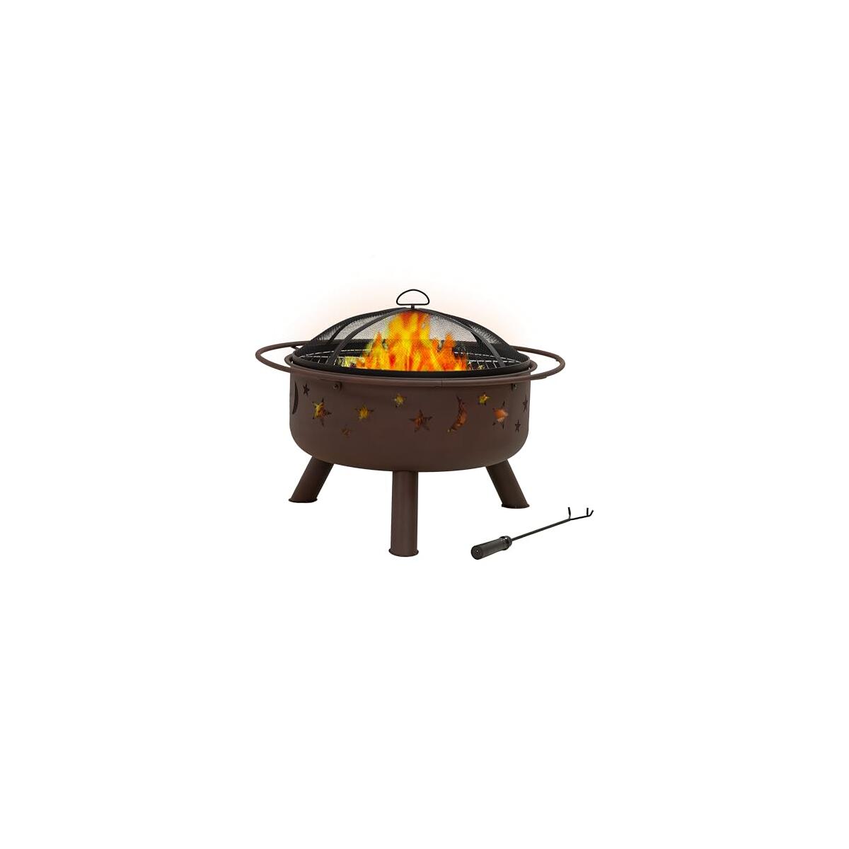 Sunnydaze Cosmic 30-Inch Patio Fire Pit for Outside - Outdoor Wood-Burning Fire Pit with Grill Grate, Spark Screen, and Fireplace Poker