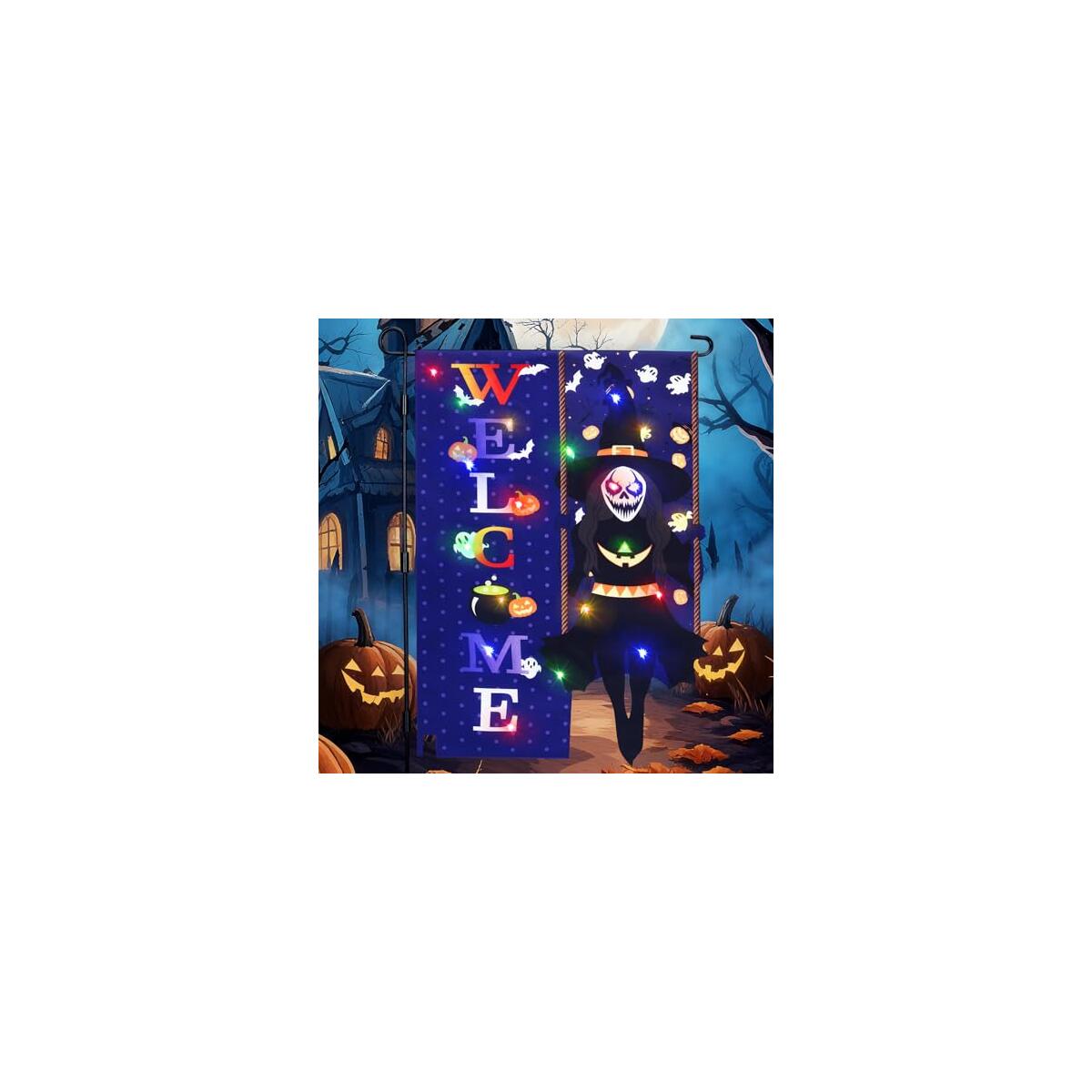 Halloween Lighted Garden Flag for Outside, Led Solar Yard Flag 8 Modes Feet Shape Flag, 12x18 Double Sided Cauldron Decorations for Home Porch (Witch)