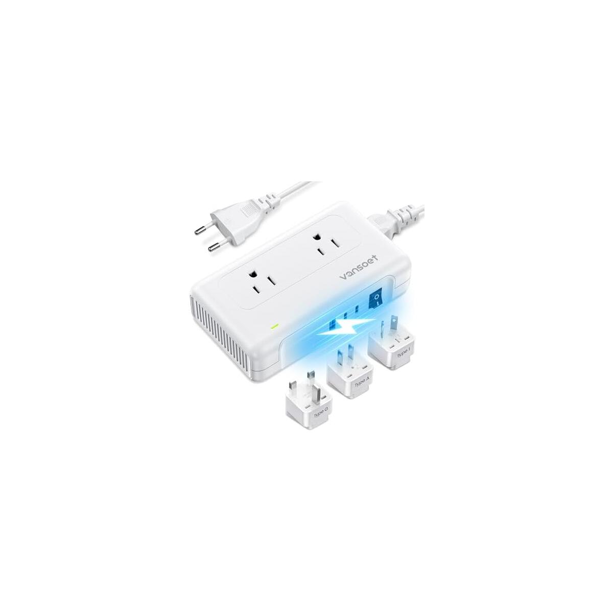 250W Voltage Converter US to Europe, 220V to 110V Converter for European Travel Plug Adapter with 3 USB Charger (1 USB C), Travel Essential with EU UK US AU Plug