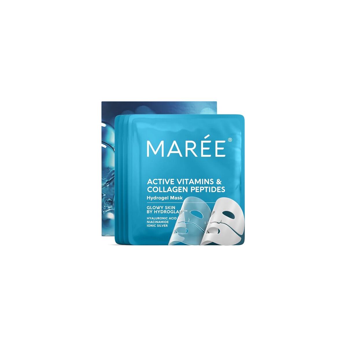 MAREE Hydrogel Collagen Facial Mask with Hyaluronic Acid — Hydrating Face Masks Skincare — Niacinamide, Amino Acids & Red Algae Extract — Facial Masks For Women — Mascarillas Para La Cara — 4 Count