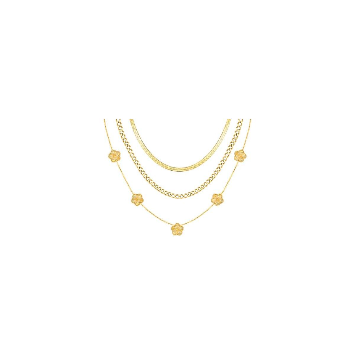 MPRAINBOW Gold Layered Necklace for Women - 3Pcs 18K Gold Plated Floral Necklaces, Stainless Steel Stackable Cuban Link Chain Non Tarnish Trendy Jewelry, Herringbone Chains Christmas Birthday Gift