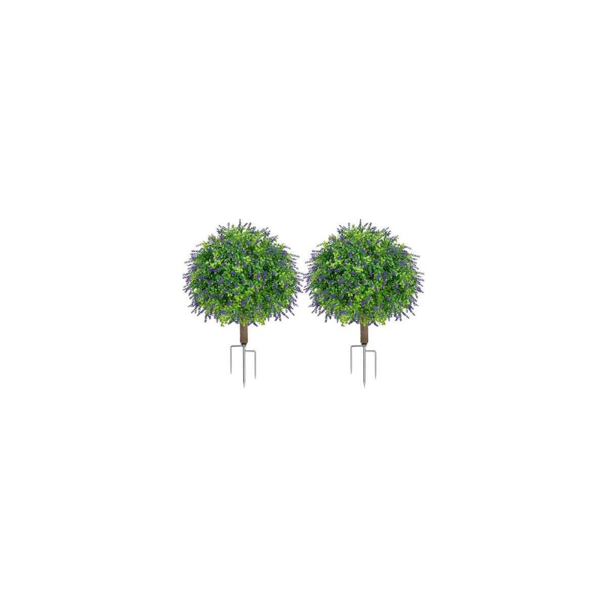 25.4" Artificial Boxwood Topiary Ball Trees with Lavender | Set of 2 Fake Evergreen Shrubs