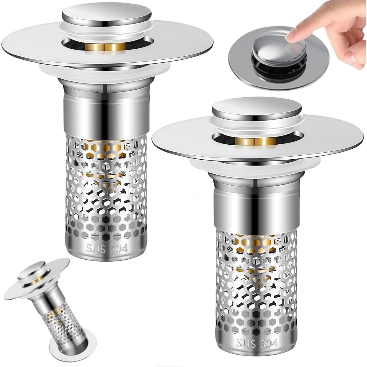 Bathroom Sink Drain Strainer 2 Pack,Bathroom Sink Stopper with Pop-Up Drain and Removable Hair Catcher, Stainless Steel Filter Basket, Fits Standard US Bathroom Sinks