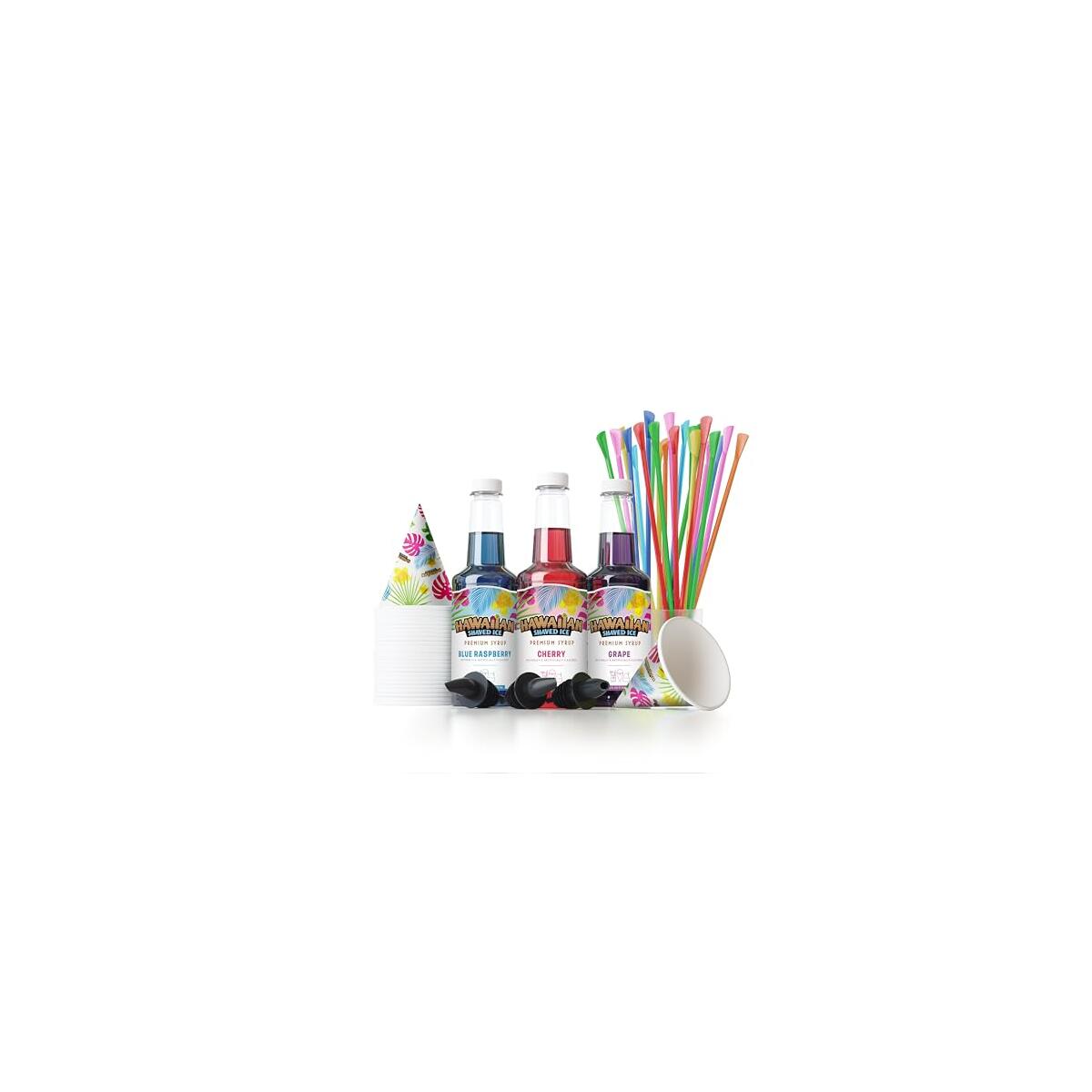 Hawaiian Shaved Ice Syrup Assortment with 3 - 16oz Bottles, 25 Snow Cone Cups, 25 Spoon Straws, and 3 Pouring Spouts. Flavors: Cherry, Blue Raspberry, and Grape. Allergy-friendly.