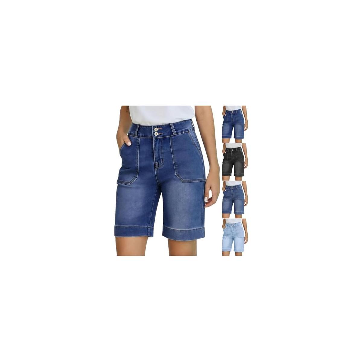 Jean Shorts Womens Stretch Elastic Waist Short Jeans Casual Jean Denim Shorts Summer Short Pants with Pockets