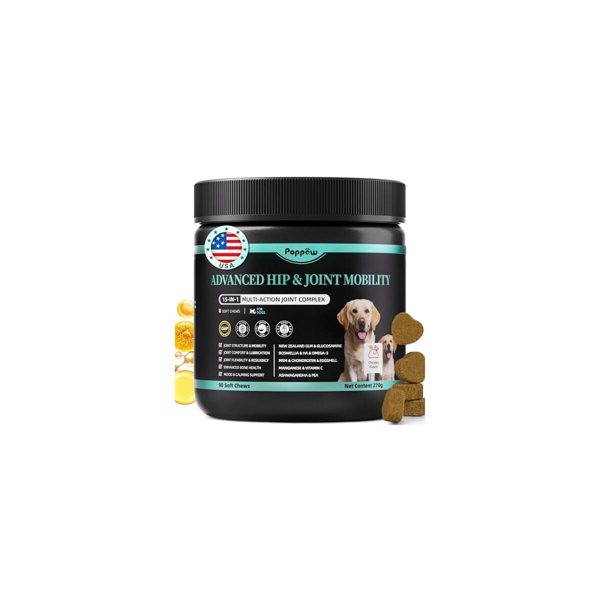 Advanced Dog Joint Supplement &ndash; 15-in-1 Glucosamine for Dogs with Chondroitin, MSM & Green Lipped Mussel &ndash; Hip & Joint Pain Relief Mobility Chews, Chicken Flavor, 90Ct Breeds